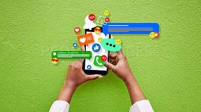 Buy stock photo Phone, person hands and social media emojis for online network, contact or application feedback. Cellphone, closeup and user typing post, communication and like notification on green background wall