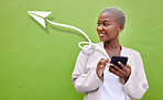 Social media icon, phone and woman online for communication, email and networking in studio on green background. Mockup, face and person with smartphone smile for virtual conversation and chat