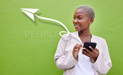 Buy stock photo Social media icon, phone and woman online for communication, email and networking in studio on green background. Mockup, face and person with smartphone smile for virtual conversation and chat