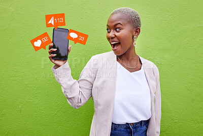 Buy stock photo Social media, communication or phone icon with a woman at wall with message app. Excited African person with smartphone for online chat, network or platform notification overlay on green background