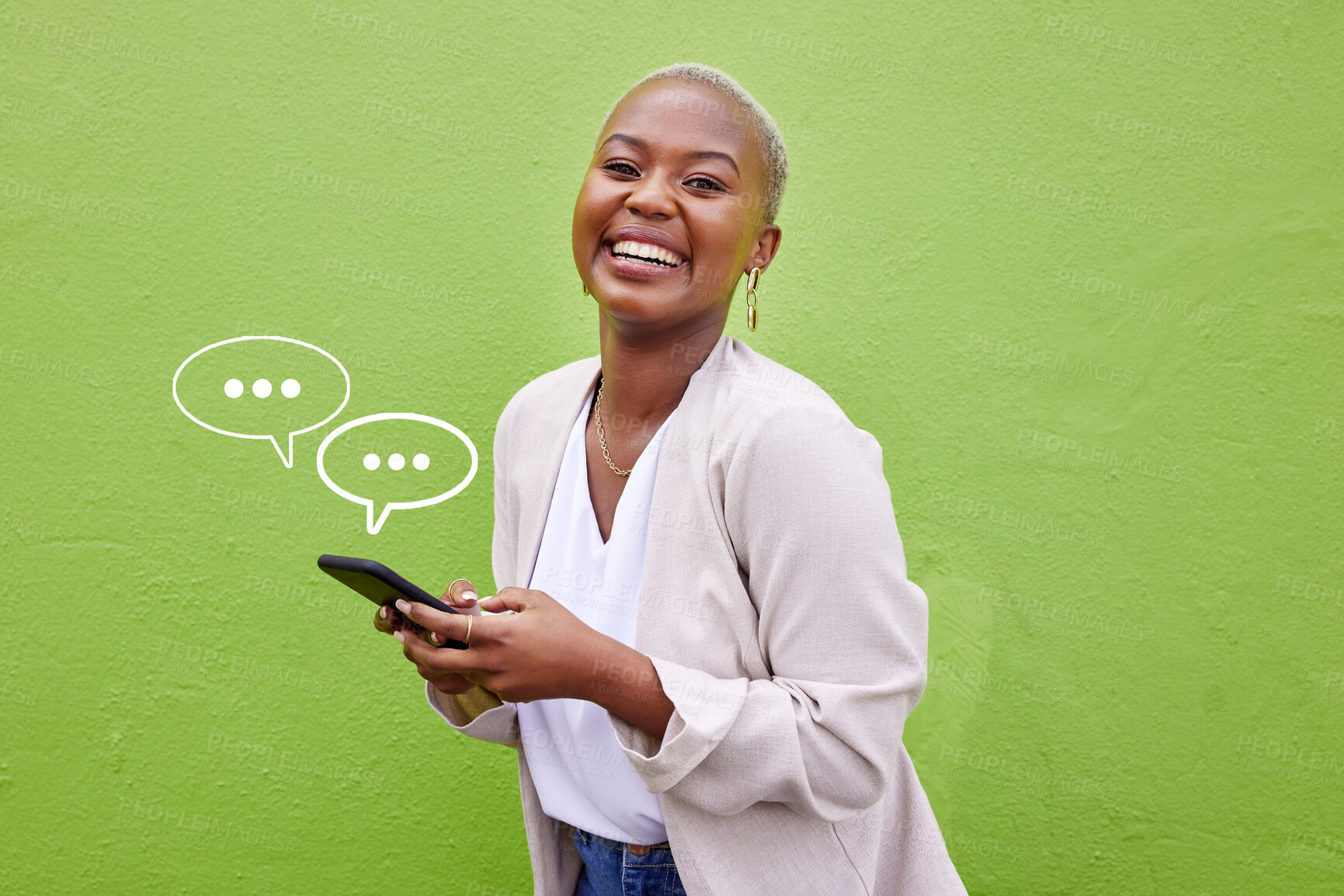 Buy stock photo Black woman, phone and wall with notification icon, smile and portrait for texting by green background. African girl, smartphone and overlay with web chat, sign or speech bubble on social media app