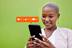 Woman, phone and texting with notification overlay, typing or reading with web chat, blog and green background. African girl, contact and smartphone for communication, social network or happy by wall