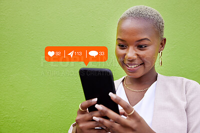 Buy stock photo Woman, phone and texting with notification icon, typing or reading with web chat, blog and green background. African girl, contact and smartphone for communication, social network or overlay by wall