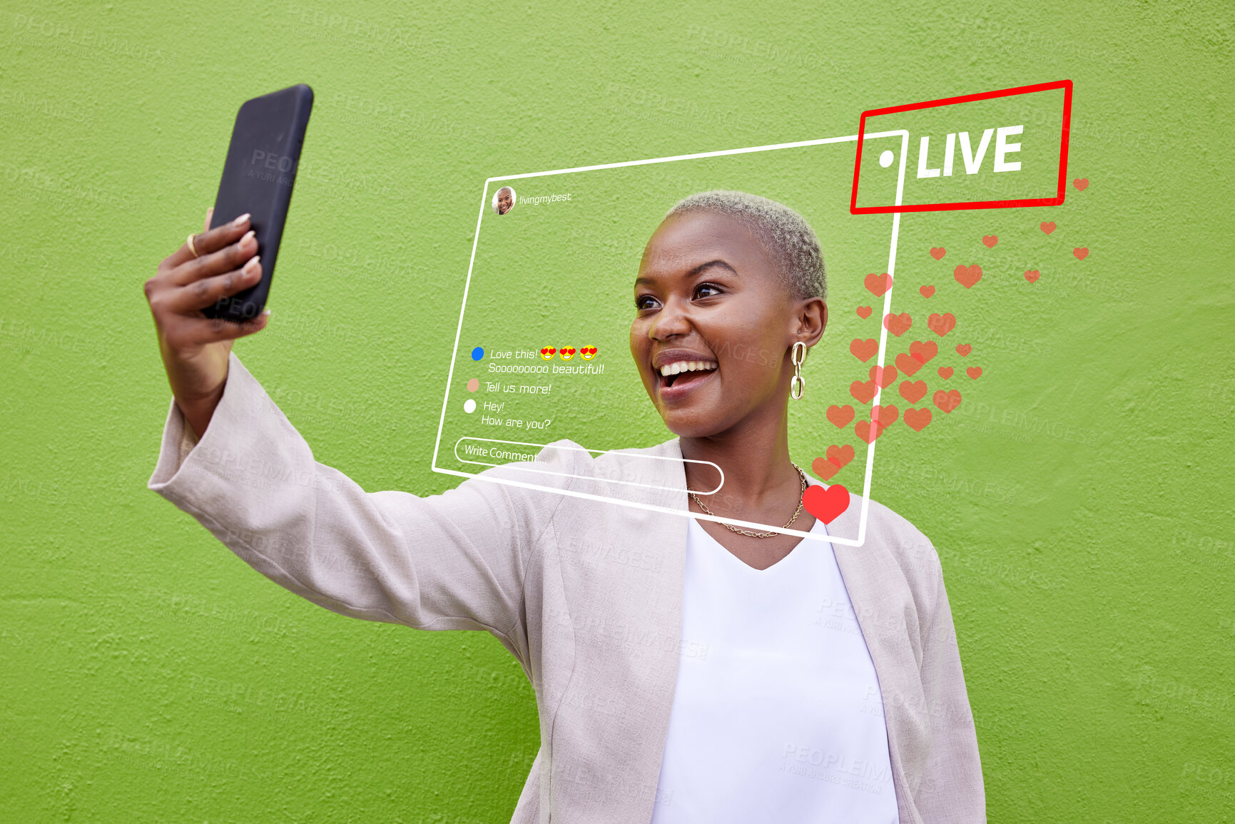 Buy stock photo Phone selfie, live streaming video and black woman with heart emojis, media icons and social network feedback. Cellphone recording, content creator and influencer broadcast on green background wall