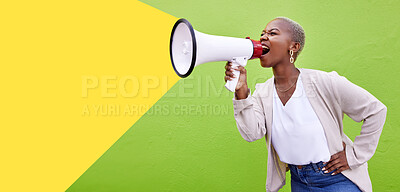 Buy stock photo Black woman, megaphone and shouting on mockup space in advertising or marketing against a studio background. African female person screaming in bullhorn or loudspeaker for sale discount or alert