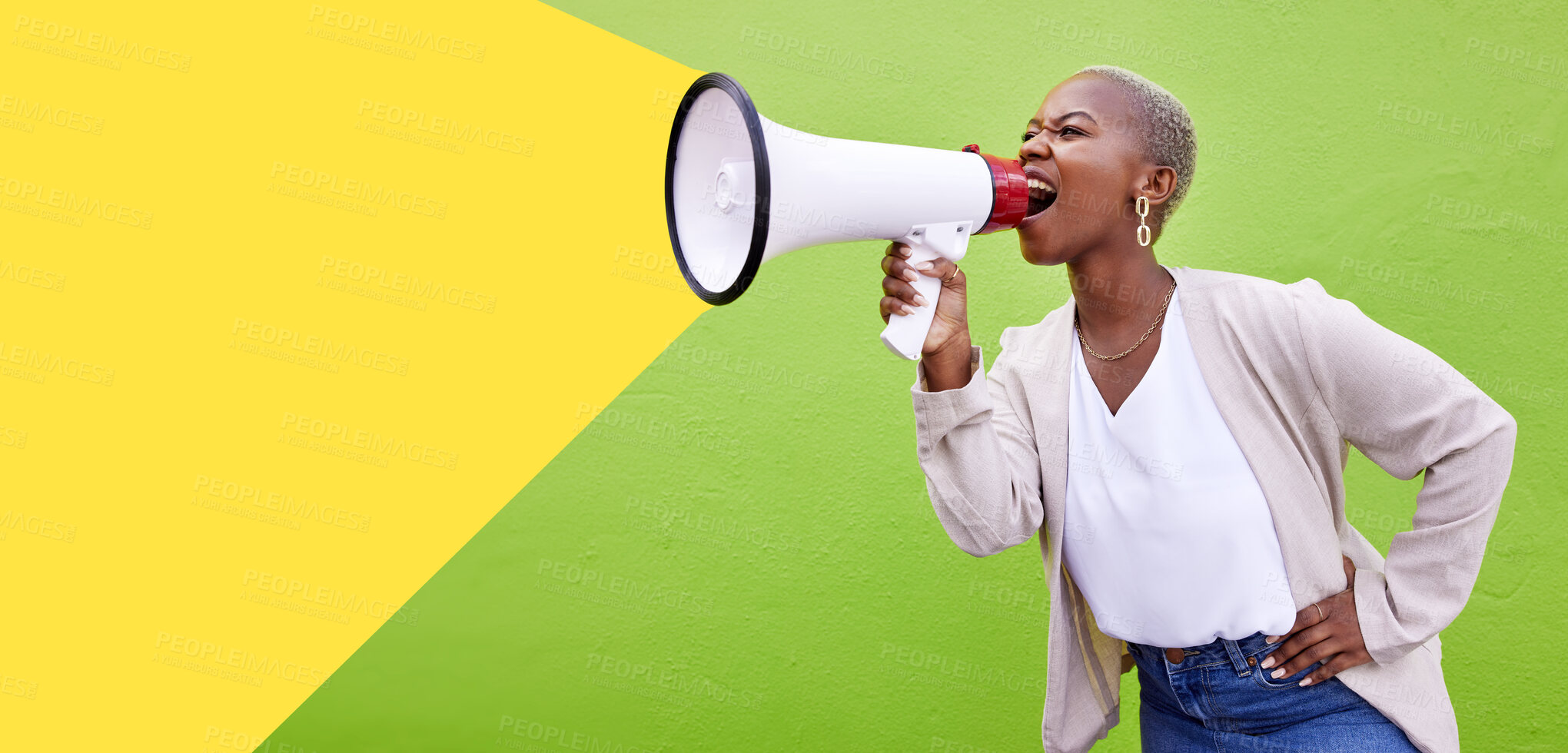 Buy stock photo Black woman, megaphone and shouting on mockup space in advertising or marketing against a studio background. African female person screaming in bullhorn or loudspeaker for sale discount or alert