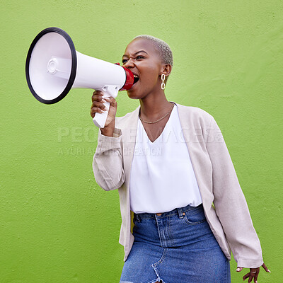 Buy stock photo Black woman, megaphone and loudspeaker on mockup space in advertising or protest against a studio background. African female person screaming in bullhorn or shouting for sale discount, vote or alert