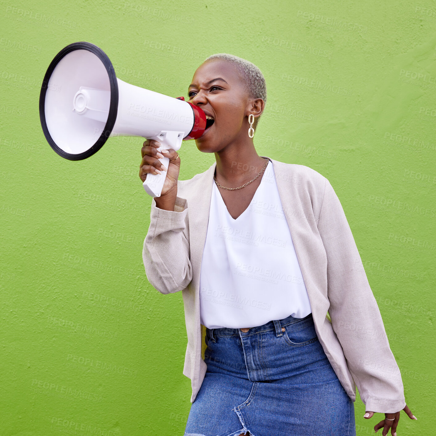 Buy stock photo Black woman, megaphone and loudspeaker on mockup space in advertising or protest against a studio background. African female person screaming in bullhorn or shouting for sale discount, vote or alert