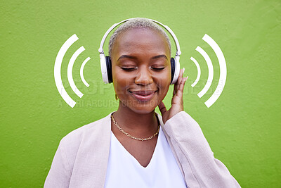 Buy stock photo Music, headphones and happy black woman listening on green wall background overlay. Radio, smile and African person streaming podcast, hearing audio and sound of jazz media for freedom of technology