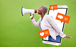 Megaphone communication, black woman or phone icons, social media emoji or advertising announcement. Cellphone notification, feedback opinion speech or African speaker scream on green background wall