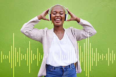 Buy stock photo Music headphones, singing and happy black woman on green wall background overlay. Radio, dance and African person streaming podcast, hearing audio and listening to sound of jazz media for freedom