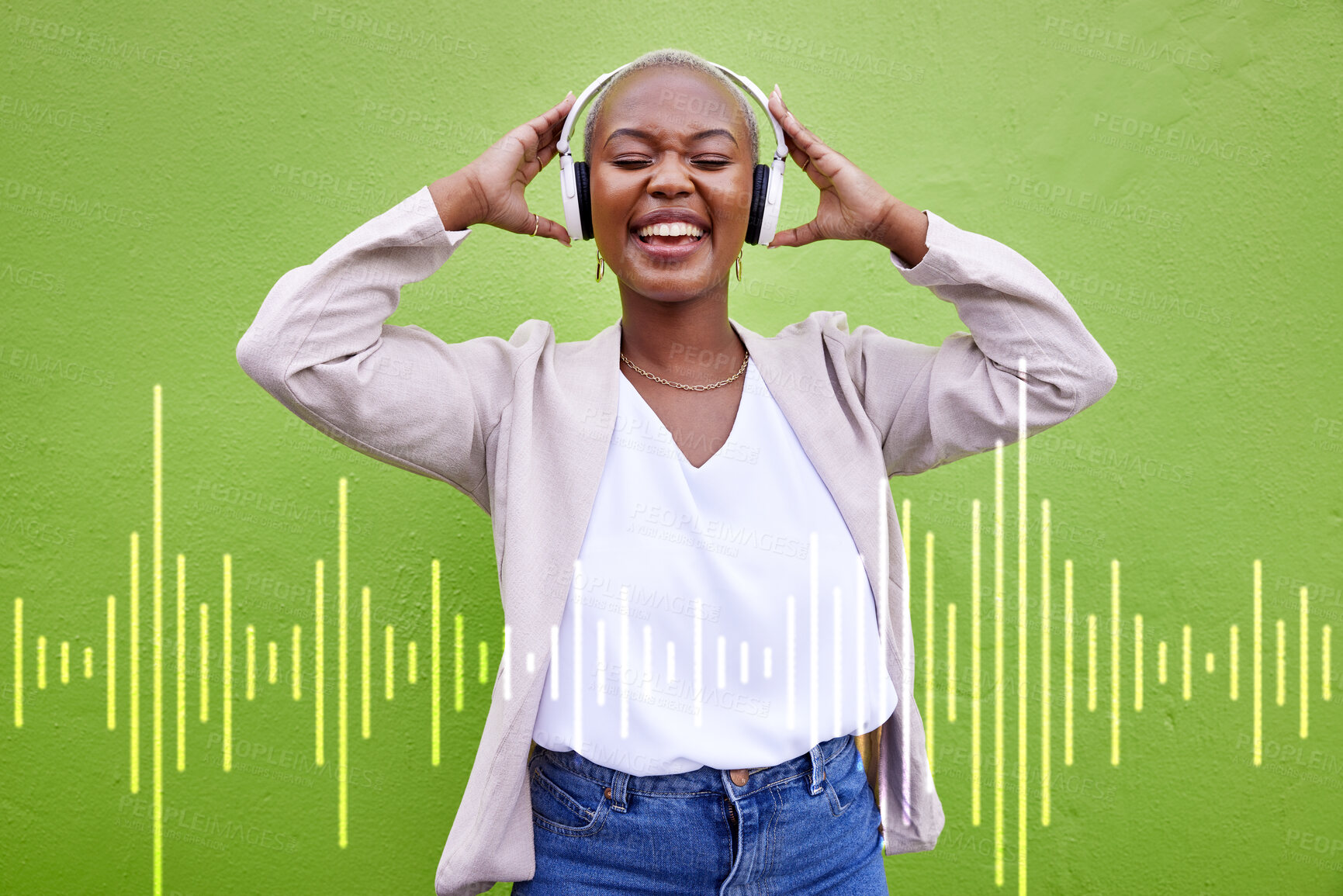 Buy stock photo Music headphones, singing and happy black woman on green wall background overlay. Radio, dance and African person streaming podcast, hearing audio and listening to sound of jazz media for freedom