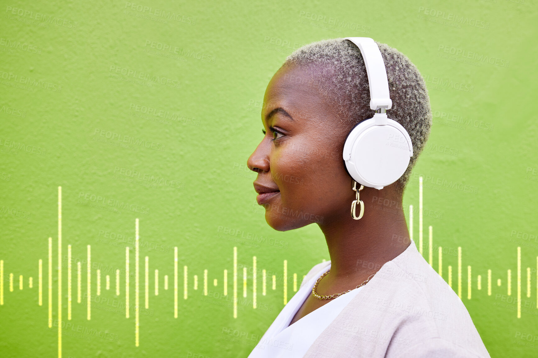 Buy stock photo Radio headphones, profile and black woman listening on green wall background mockup space. Music, audio and African person streaming podcast, overlay and hearing sound of jazz media on technology.