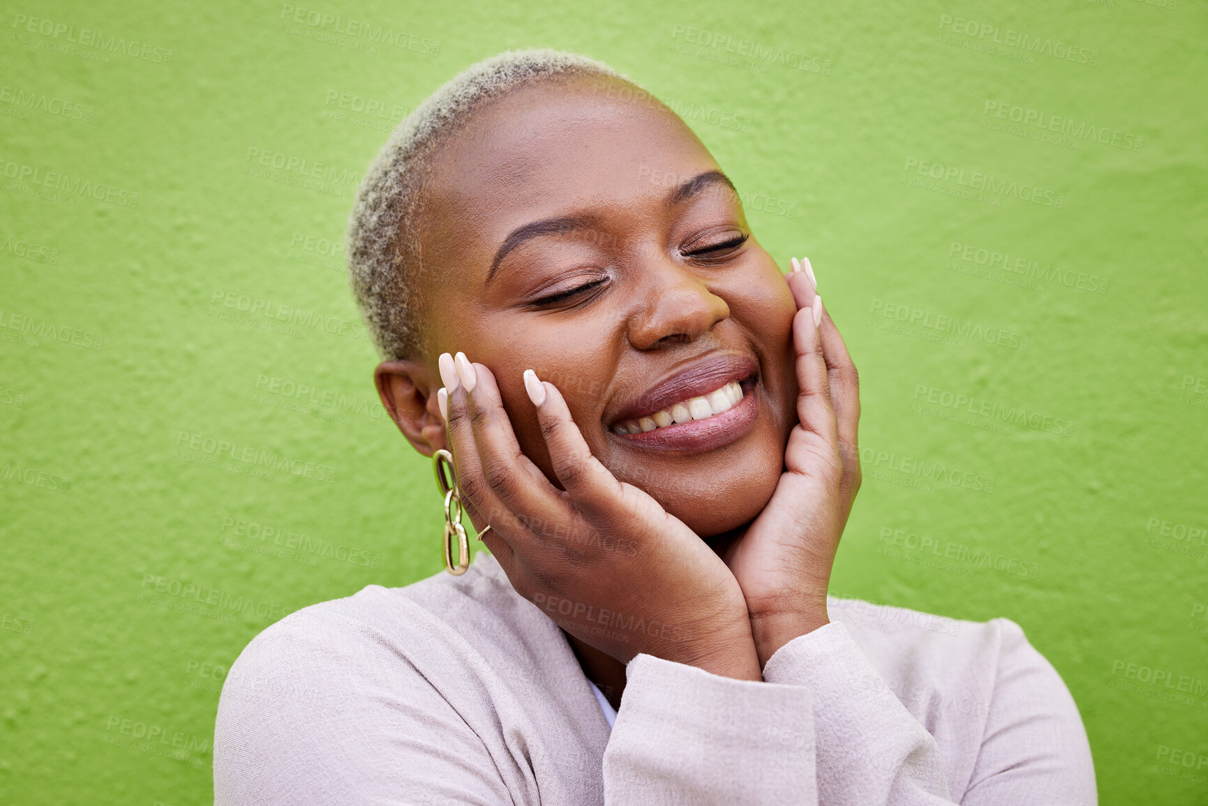 Buy stock photo Laughing, black woman and self love or pride on a green wall for fashion, thinking or trendy. Smile, young and a calm African girl or fun model with confidence, fashion or peace on a background