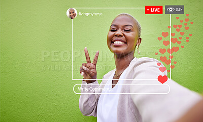 Buy stock photo Portrait, social media and a peace sign with a black woman recording live content for like, emoji or interaction. Frame, smile and update with a happy young influencer in studio on a green background