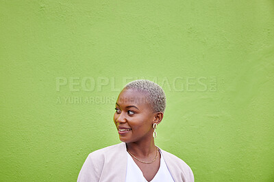 Buy stock photo Thinking, mockup space and black woman with green wall, decision and opportunity on a studio background. African person, girl and model with ideas, fantasy and decision with a choice and question