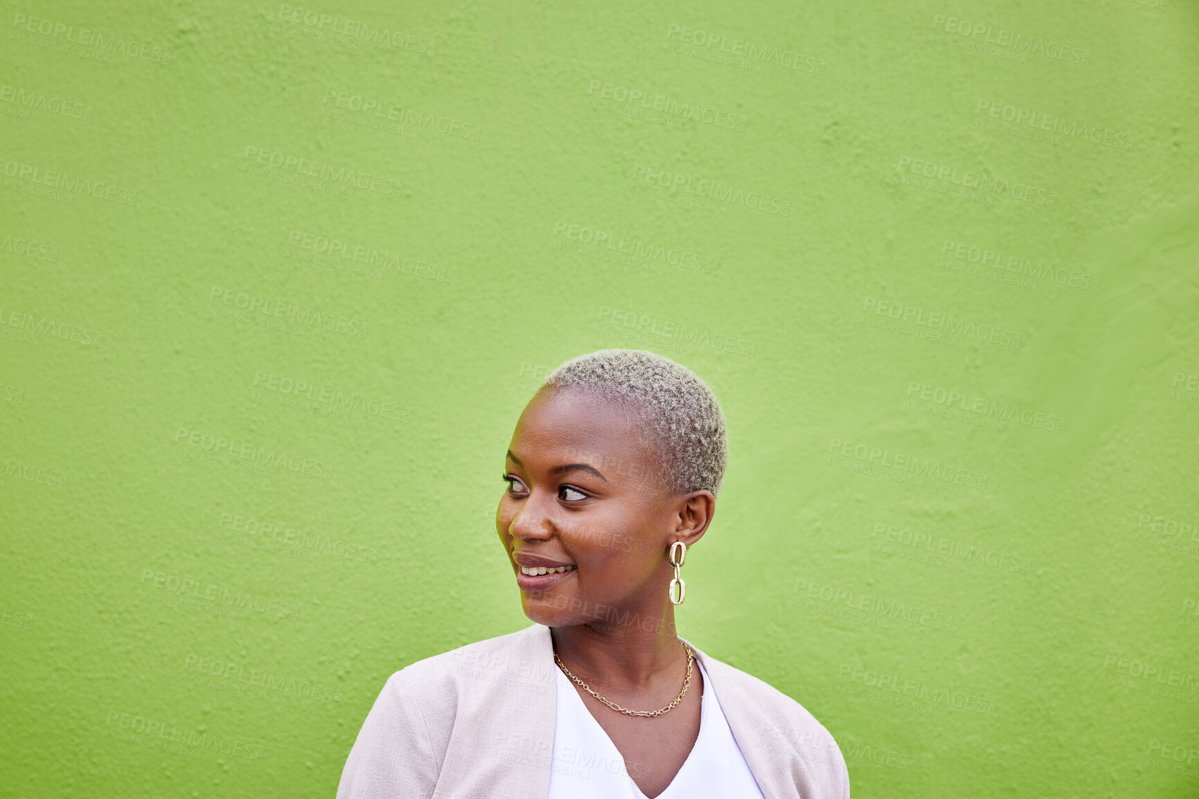 Buy stock photo Thinking, mockup space and black woman with green wall, decision and opportunity on a studio background. African person, girl and model with ideas, fantasy and decision with a choice and question