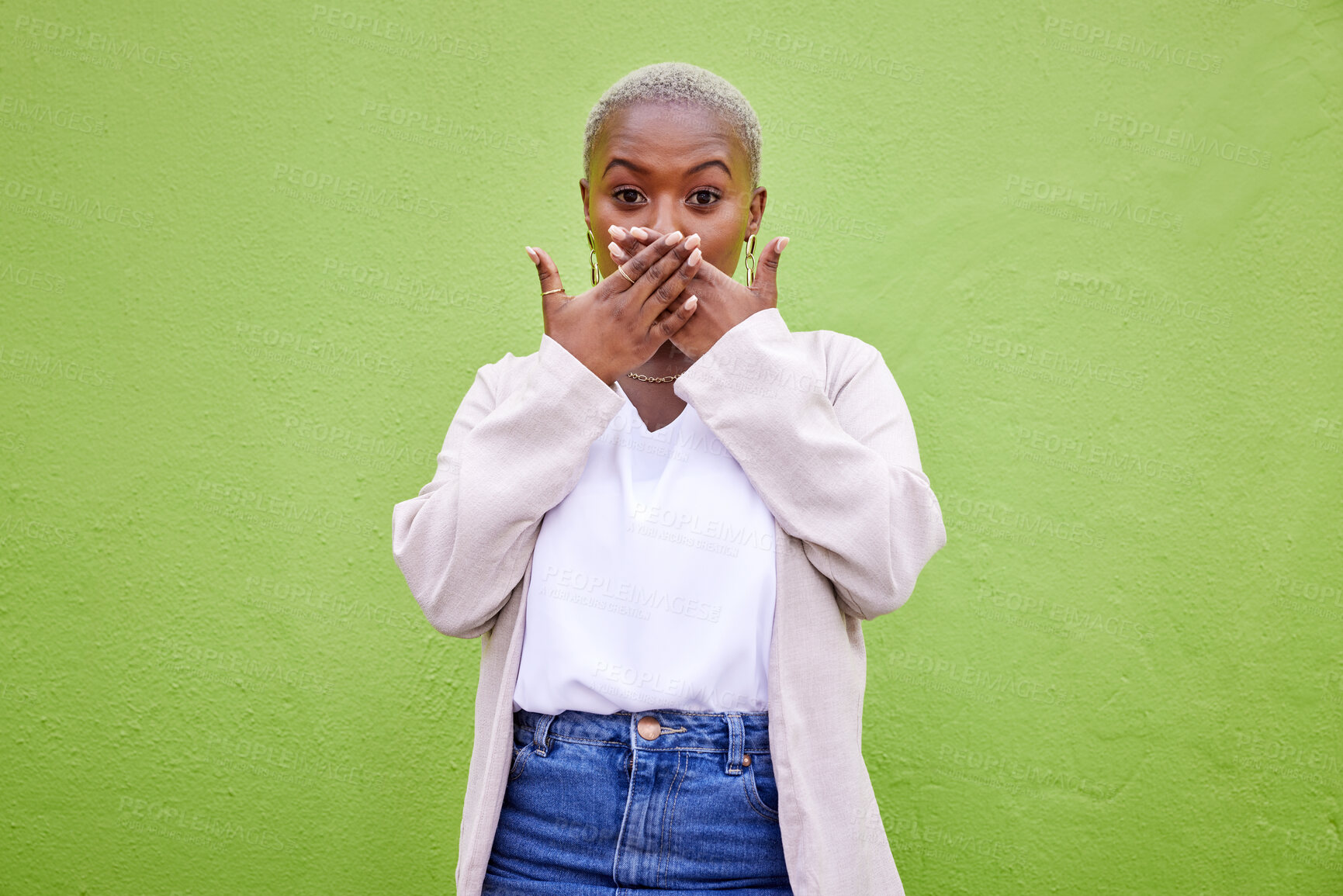 Buy stock photo Portrait, surprise and a black woman on a green wall for fashion, stylish and cool about announcement. Shock, wow reaction and an African person or girl on a background for trendy news or expression