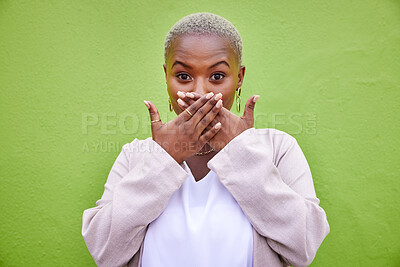 Buy stock photo Green wall, shocked and black woman surprise by news, deal or discount offer isolated in a studio background. Wow, gossip and young person with emoji reaction to announcement, sale or promotion