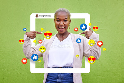 Buy stock photo Social media, icon and influencer woman content, profile or frame for love emoji, fan page or app. Portrait of excited African person for online post, like notification or overlay on green background