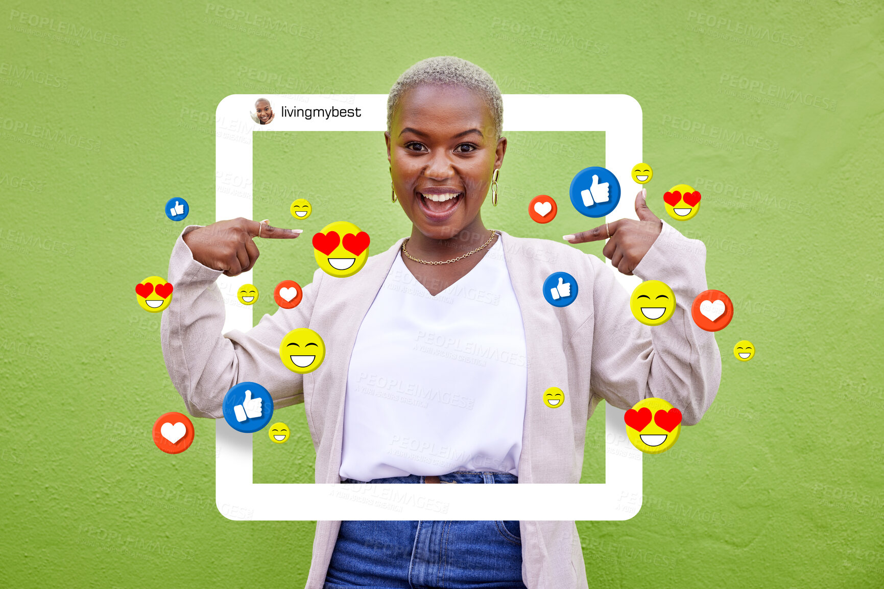 Buy stock photo Social media, icon and influencer woman content, profile or frame for love emoji, fan page or app. Portrait of excited African person for online post, like notification or overlay on green background