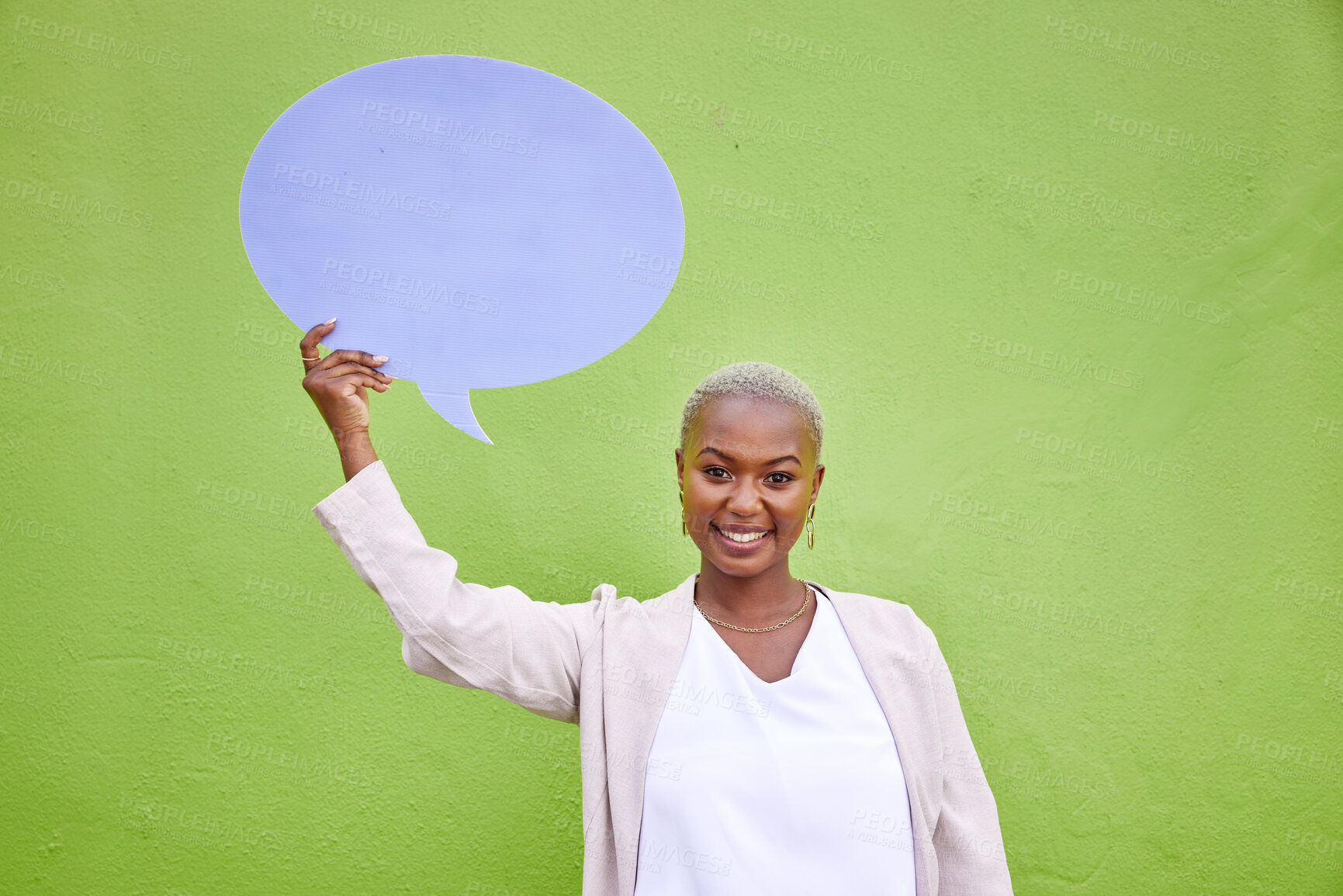 Buy stock photo Black woman, speech bubble and portrait for mockup space, smile and opinion by green wall background. African girl, billboard and paper poster for voice, vote and social media with news announcement