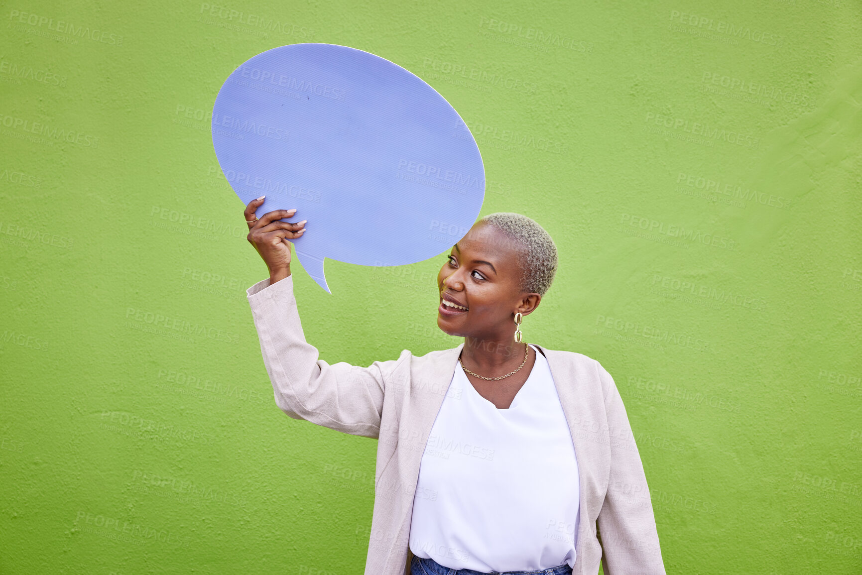 Buy stock photo Black woman, speech bubble and thinking for mockup space, smile and opinion by green wall background. African girl, billboard and paper poster for voice, vote and social network for news announcement