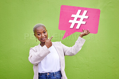 Buy stock photo Portrait, pointing and black woman with a hashtag speech bubble for social media. Contact, African person or girl with a board for a blog sign, networking or virtual connection on a green background