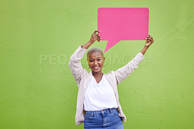 Buy stock photo Black woman, speech bubble and portrait for poster, space or mockup with opinion by green wall background. African girl, billboard and paper with voice, vote and social network for feedback review