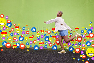 Buy stock photo Social media, emoji icon or influencer woman on city street for like or love reaction. Excited african person run on fan page, content creator app or communication notification overlay on green wall
