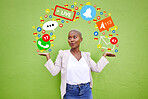 Social media, icon or connection with a woman at wall for emoji, live streaming app or message. African person hands for online chat, notification or network communication overlay on green background