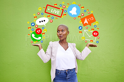 Buy stock photo Social media, icon or connection with a woman at wall for emoji, live streaming app or message. African person hands for online chat, notification or network communication overlay on green background