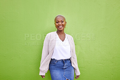 Buy stock photo Portrait, fashion and happy black woman on green wall background mockup space. Positive designer, smile and confident African person in style, casual clothes and trendy aesthetic in Nigeria outdoor