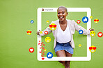 Black woman, portrait and social media emojis, like and heart icons isolated on green background or mockup wall space. Smile, influencer and content creator with photography frame, graphic or overlay