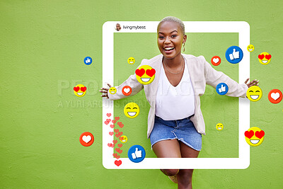 Buy stock photo Black woman, portrait and social media emojis, like and heart icons isolated on green background or mockup wall space. Smile, influencer and content creator with photography frame, graphic or overlay