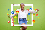 Social media, woman and icon on influencer post, profile frame or love emoji, fan page and app. Excited African person portrait for online content, like notification or overlay on green background