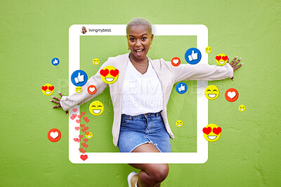 Buy stock photo Social media, woman and icon on influencer post, profile frame or love emoji, fan page and app. Excited African person portrait for online content, like notification or overlay on green background