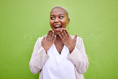 Buy stock photo Wow, thinking and black woman surprise by news, deal or discount offer isolated in a studio green background. Excited, gossip and young person with emoji reaction to announcement or promotion