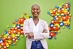 Social media, emoji icon or influencer woman arrow for like, love reaction or follow growth. Happy african person on green wall for fan page, content creator app or communication notification overlay