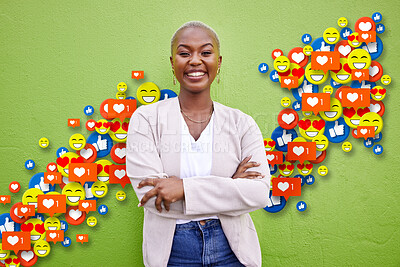 Buy stock photo Social media, emoji icon or influencer woman arrow for like, love reaction or follow growth. Happy african person on green wall for fan page, content creator app or communication notification overlay