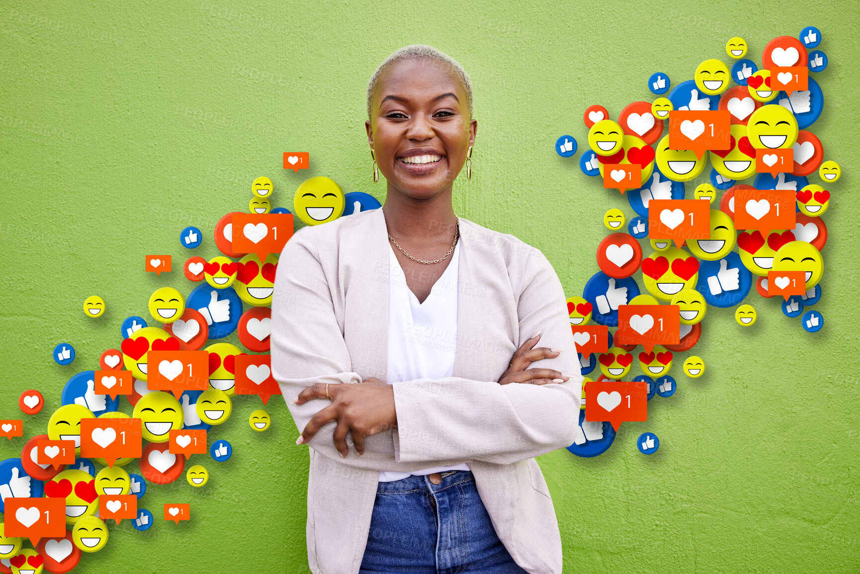 Buy stock photo Social media, emoji icon or influencer woman arrow for like, love reaction or follow growth. Happy african person on green wall for fan page, content creator app or communication notification overlay