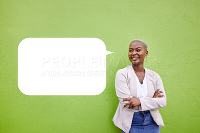 Buy stock photo Social media, speech bubble and happy black woman with arms crossed, mockup communication or vote opinion. Advertising space, brand design or professional person announcement on green background wall