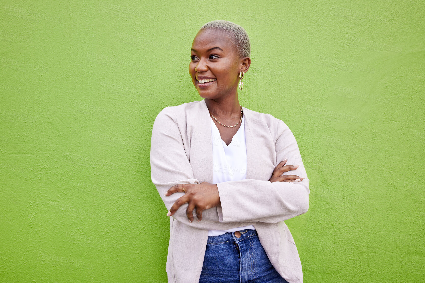 Buy stock photo Thinking, mockup space and black woman with green screen, arms crossed and solution on a studio background. African person, girl and happy model with ideas, fantasy and decision with problem solving