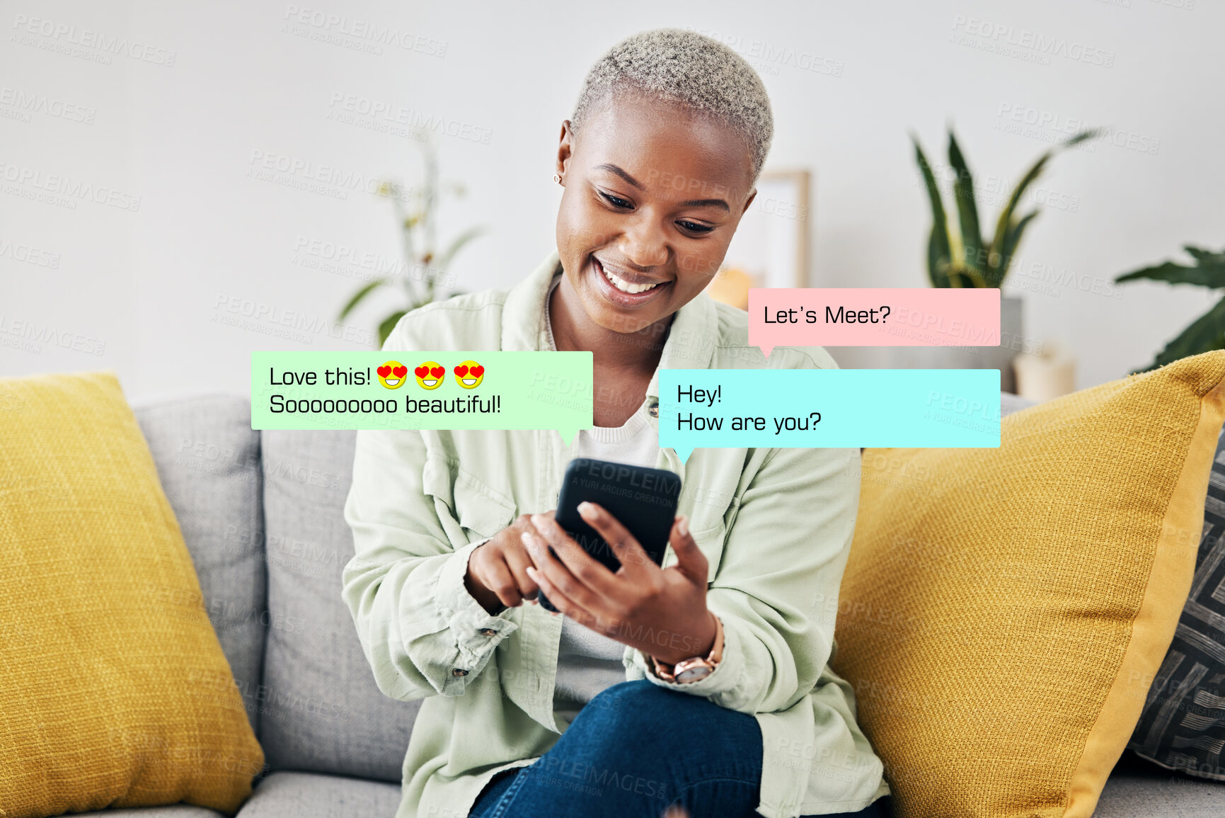 Buy stock photo Phone, message icon or black woman online dating for communication, chat texting or social media. Smile, heart emojis overlay or happy African lady typing on app or website or digital network at home