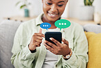 Phone, message icon or black woman to chat online dating for communication, texting or social media. Smile, sms overlay or happy African person typing on mobile app website or digital network at home