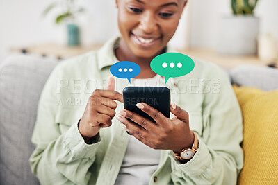 Buy stock photo Phone, message icon or black woman to chat online dating for communication, texting or social media. Smile, sms overlay or happy African person typing on mobile app website or digital network at home