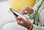 Hands of woman on sofa with phone, scroll and checking social media, message or video online. Technology, internet and girl on couch with smartphone, digital app and like for viral content at home.