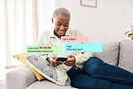 Text, overlay and black woman with phone on a sofa for online dating, social media or chat in her home. Smartphone, app and African female smile for emoji message, communication or blog notification