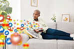 Phone, thinking and black woman with social media icons, mobile app emojis and online blog post, feedback or review. Home cellphone, ideas and user communication, opinion and relax on lounge sofa