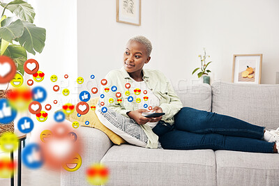 Buy stock photo Phone, thinking and black woman with social media icons, mobile app emojis and online blog post, feedback or review. Home cellphone, ideas and user communication, opinion and relax on lounge sofa